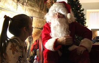 A girl meets Santa, Christmas Tree and fireplace