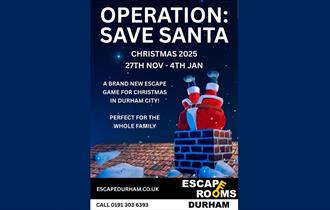 Advertising poster with an image of Santa stuck upside down in a chimney and title and date of event.