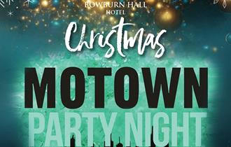 Text reads, 'Christmas Motown Party Night' against a background of stars and a city skyline.