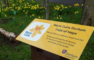 Sign at Durham University Botanic Garden reads, 'Marie Curie, Field of Hope'.