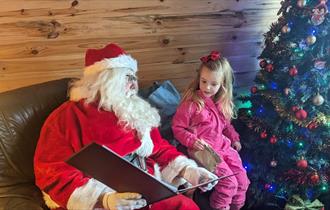 Santa reading to a little girl by a Christmas Tree.