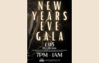 Text reads, 'New Year's Eve Gala'. against a background of fizz and streamers.