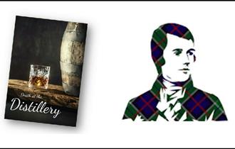 Graphic image of Scottish Poet Robert burns, wearing tartan, along with an image of whiskey.