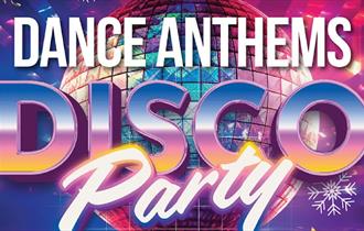 Dance Anthems Disco Party poster with discoball background. 
