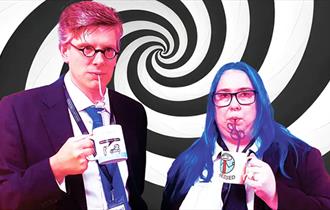 Emma Crossland & Sam Wilkinson drinking from mugs with swirly straws, standing against a swirly background.
