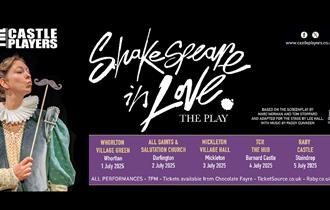 A person dressed in Shakespearean clothing, holding up a moustache on a stick in front of their face. Poster, 'Shakespeare in Love'.