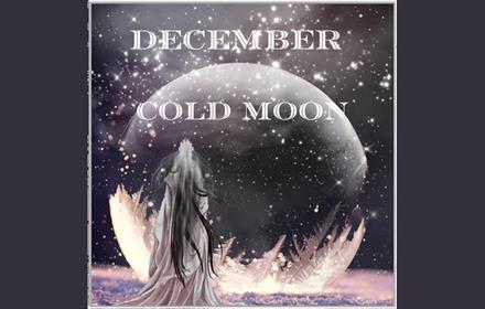 Illustration of the moon surrounded by snow, stars and ice and an enchanted being.