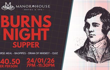 Burns Night Supper poster with date and time of event and an image of Rabbie Burns.