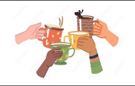 Cartoon image of colourful mugs being held