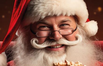 Santa Claus wearing glasses and holding popcorn
