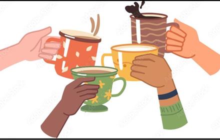 Hands holding tea and coffee cups in various colours
