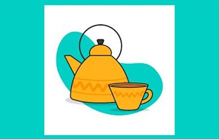 Cartoon image of a yellow teapot and cup