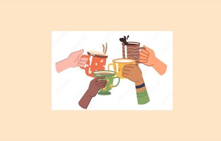 Merryoaks Community Hall Coffee Morning.  Illustration of colourful coffee mugs being held.