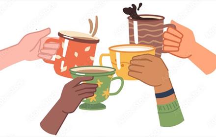 Colourful illustration of four hands holding a variety of mugs.