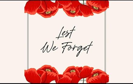 Red poppies on a cream background with the wording Lest we Forget.