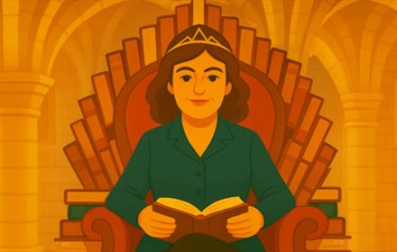 Cartoon image of a woman, wearing a tiara, sitting on a throne, reading a book