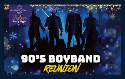 boyband graphic with sparkly lights. text of 90's Boyband in white. Reunion in yellow text.