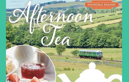 Weardale Railway 'bubble car'. White text of 'Afternoon Tea. Scones with jam and strawberries. White teapot graphic.