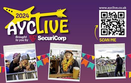 Advertisement with Ayclive logo and pictures of festival goers and performers