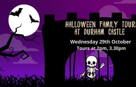 Halloween spooky image with a skeleton, bats, castle turrets on a purple background