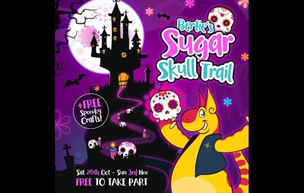 Bertie's Sugar Skull Trail, illustration showing skulls, bats and haunted house on a hill.