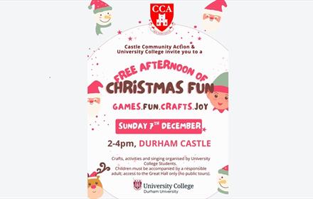 Advertising poster displaying details of event and decorated with Christmas images, Reindeer, Snowman, Santa Claus and Elf.