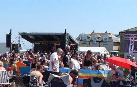People enjoying Seaham Carnival on a sunny day. Image of acts on stage.