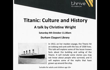 Black and white photo of the Titanic. Titanic: Culture and History - A talk by Christine Wright.