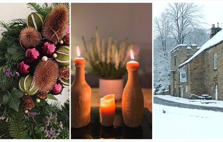 images of the lord crewe, dusted in snow, 3 beeswax candes and a christmas wreath in burgundy and green