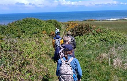 A group of people walking along the Durham Coast on a sunny day, blue sea and blue sky.