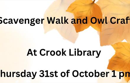 Scavenger Walk and Owl Craft at Crook Library Thursday 31st October 1pm on a background of Autumn Leaves