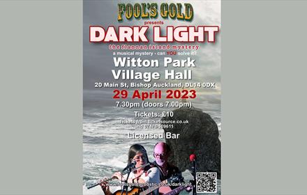 Poster showing details of event with image of the ocean and musicians playing