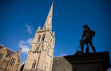 Statue of Neptune and St Nicholas' Church in Durham Market Place