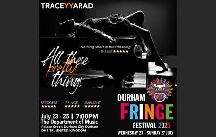 Poster showing details of event with an image of a woman lying across a grand piano