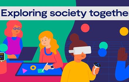 Colourful illustration of young people using technology