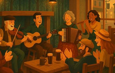 Cartoon image of a group of people sitting around a table playing musical instruments
