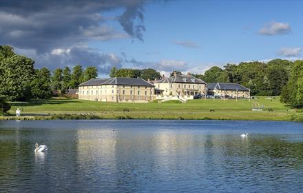 Front of Hardwick Hall Hotel, view from the lake in Hardwick Park.