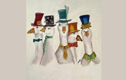 Pastel artwork of five Geese wearing colourful top hats and ties