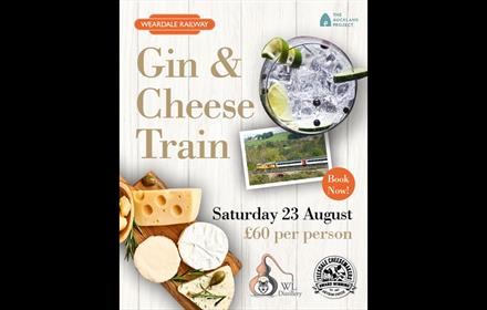 Gin & Cheese Train returns to Weardale Railway.
Poster shows a cheese board, train and gin.