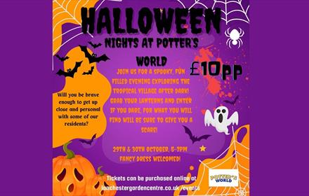 Poster with details of the Halloween Nights at Potters World event