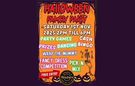 Halloween family party poster.  Showing what's on, date and time