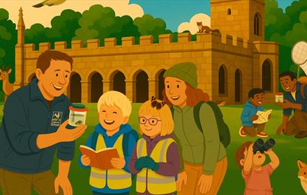 A cartoon image of children and adults enjoying an outdoor activity at Auckland Palace Deer Park