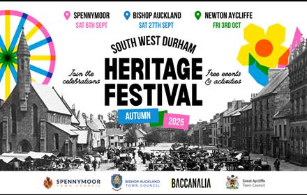 Black and white images of buildings, poster reads, 'South West Durham Heritage Festival'.