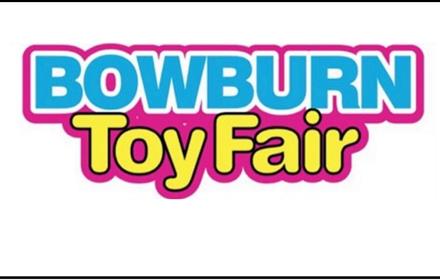 Bowburn Toy Fair wording in blue, yellow and pink