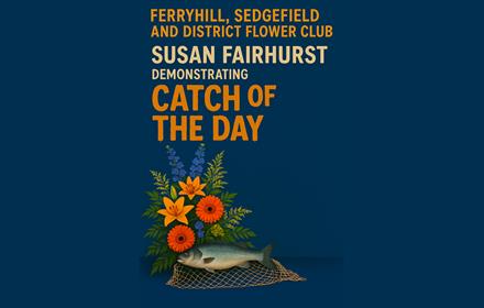 Poster for event including title and an image  of a fish lying in front of a flower arrangement