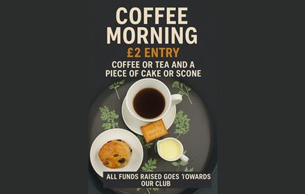 Poster with title of event and an image of a cup of coffee, scone, biscuit, small jug of milk