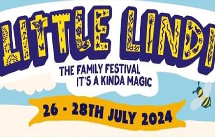 Text reads, 'Little Lindi, The Family Festival, it's Kinda Magic, 26th - 28th July 2024' alongside graphic images of a bee and a blue sky.