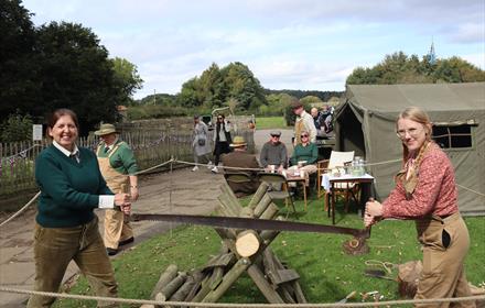 Two people sawing a log - Beamish Museum