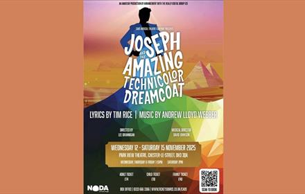 Advert for Joseph and his Technicolour Dreamcoat with details of event including time and location with image of Joseph