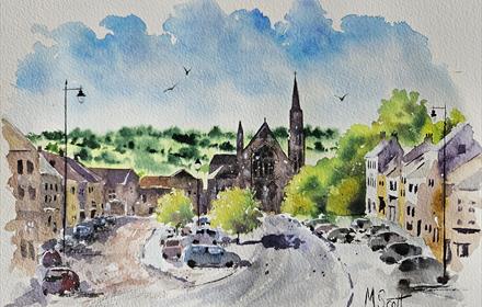 Watercolour of a church, houses, countryside and blue skies - Matt Scott Art
